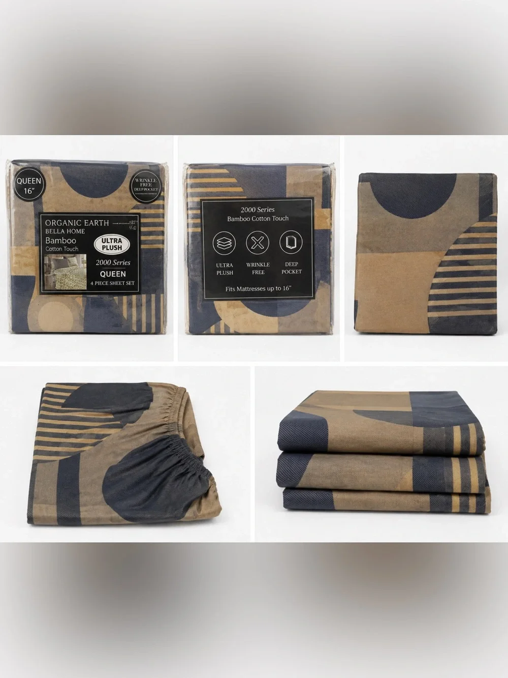 Unisex Bella Home Queen Blue Yellow Abstract Bamboo Cotton Sheet Set